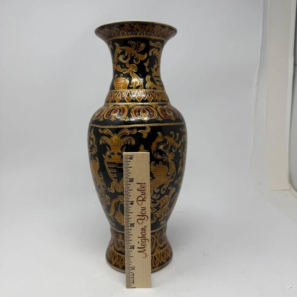 Vintage‎ Chinese Vase Black Gold French Phoenix Crest Floral Chinoiserie 11